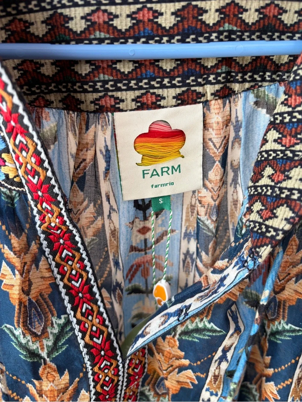Farm Rio Blue Embroidered Tapestry Tassels Puff Sleeve Blouse